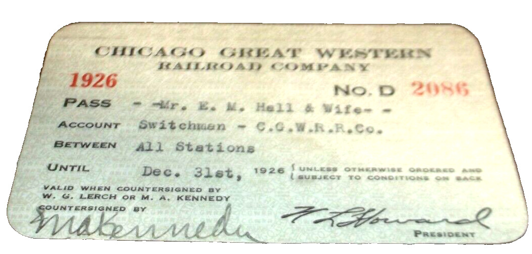 1926 CHICAGO GREAT WESTERN RAILWAY CGW EMPLOYEE PASS #2086