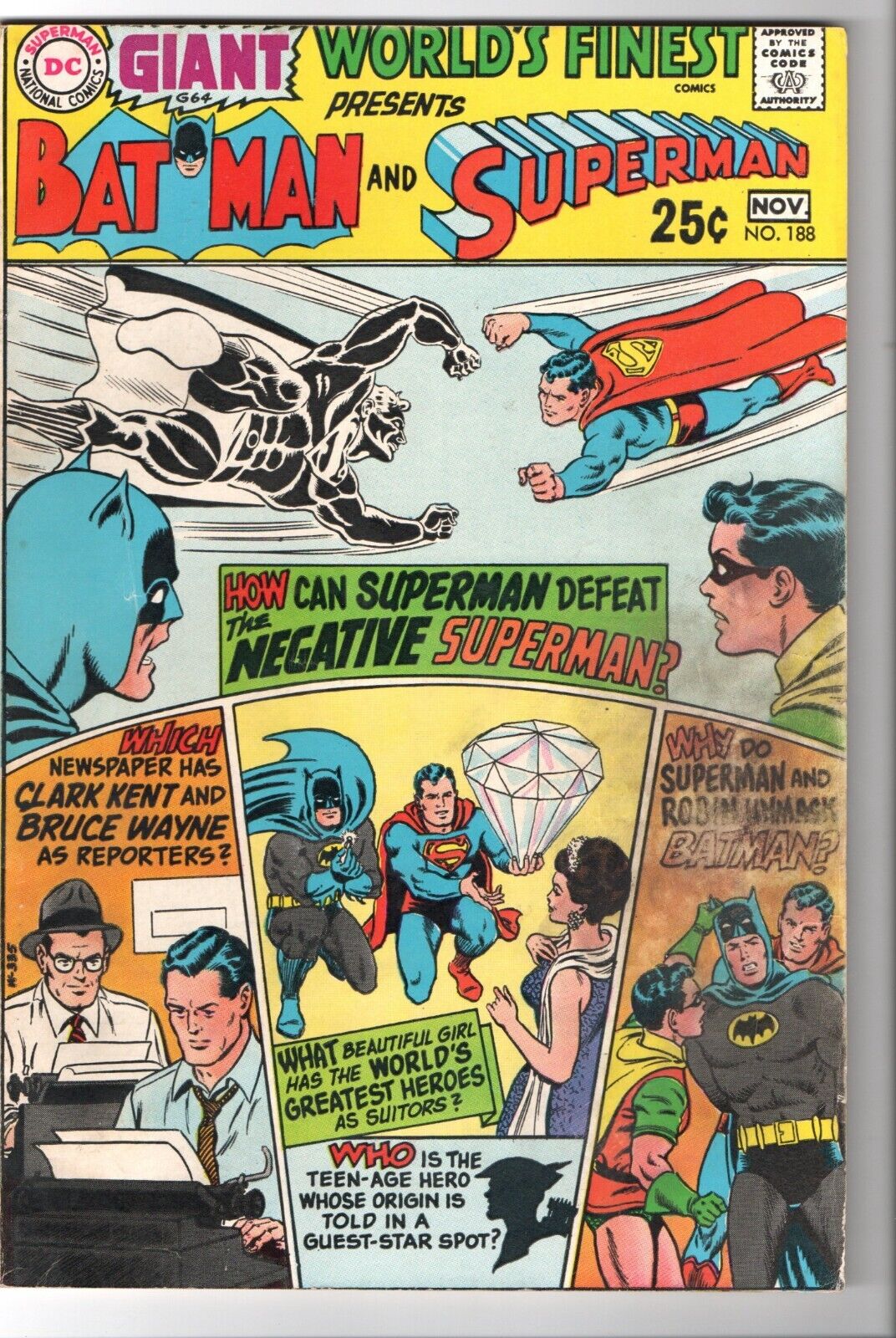 1968 DC Vintage Comic Book Batman World\'s Finest #188 VG Condition