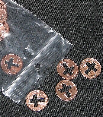 cross cut pennies, 50 pennies with a cross cut out of them