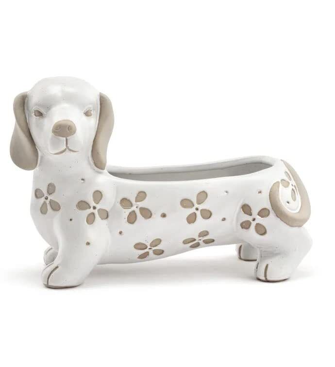 Wiener Dog White 4 x 1.5 Ceramic Small Planter Pot with Saucer