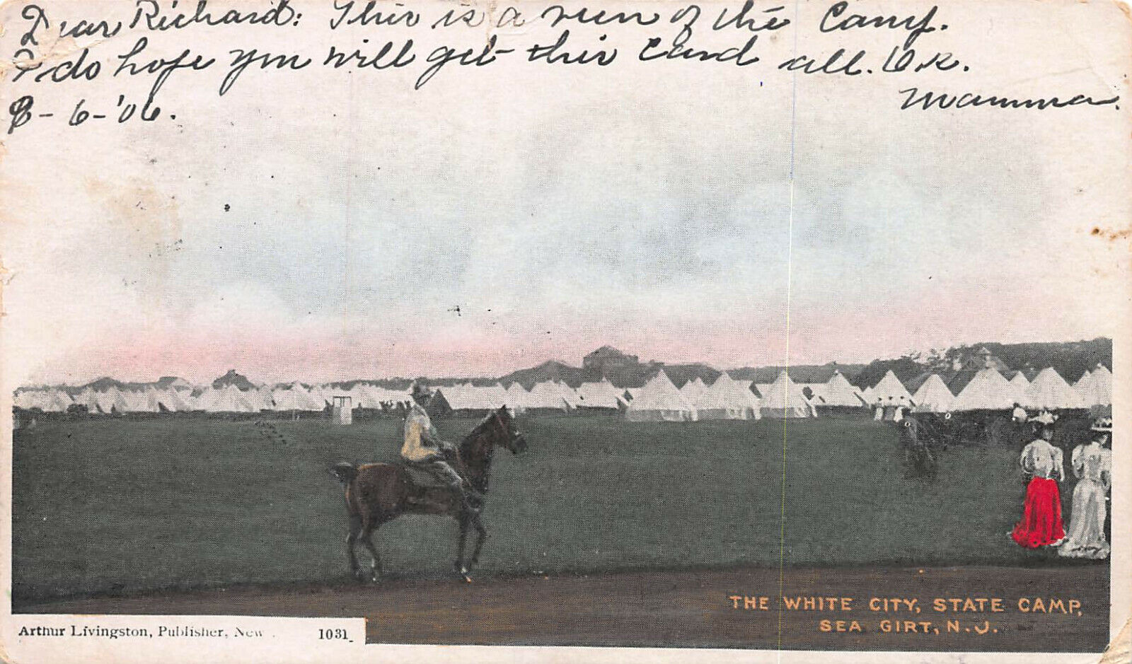 White City State Camp, Sea Girt, NJ, Early Hand Colored Postcard, Used in 1906
