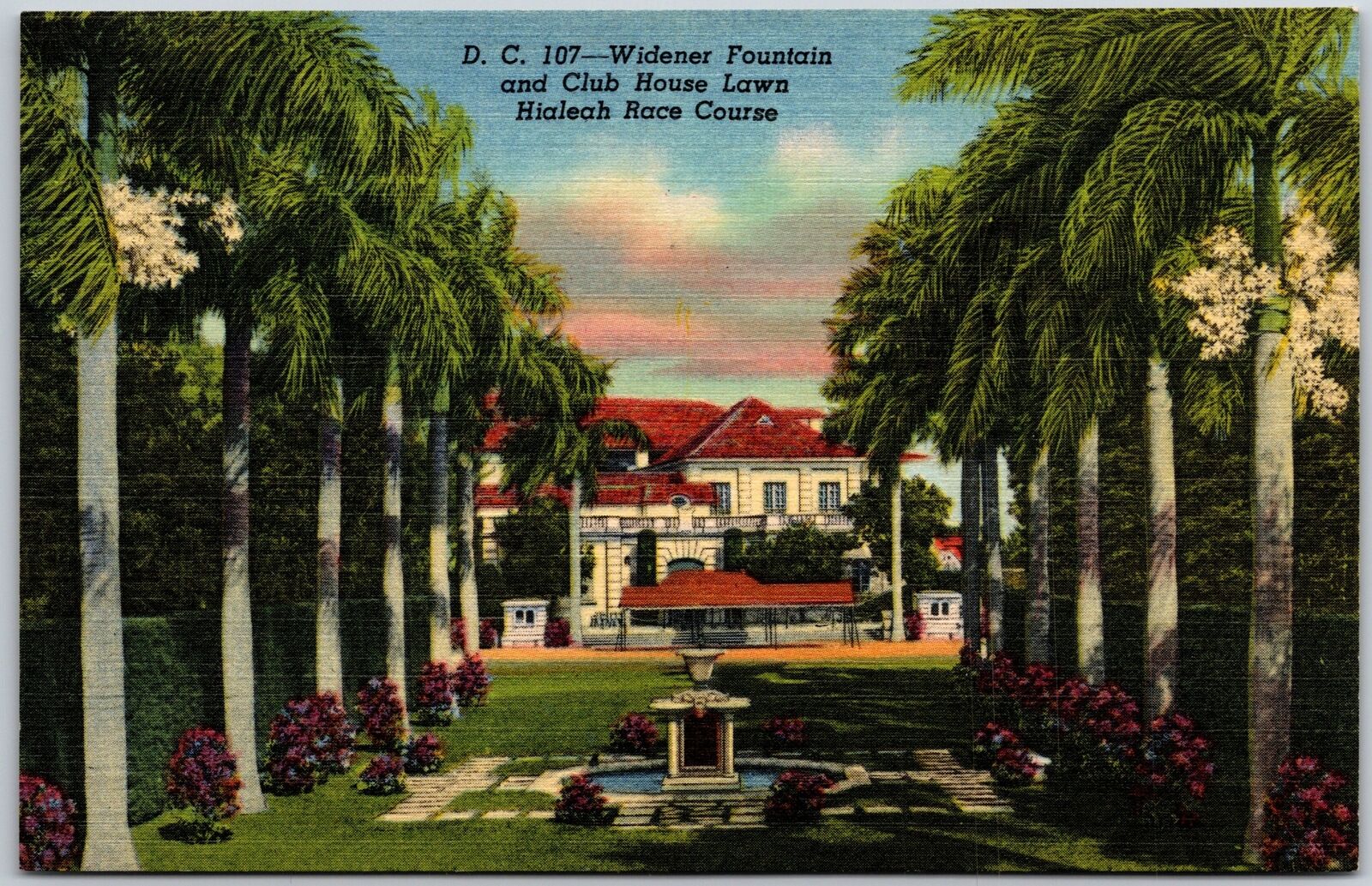 Florida FL, Hialeah Race Course, Widener Fountain, Club House Lawn, Postcard
