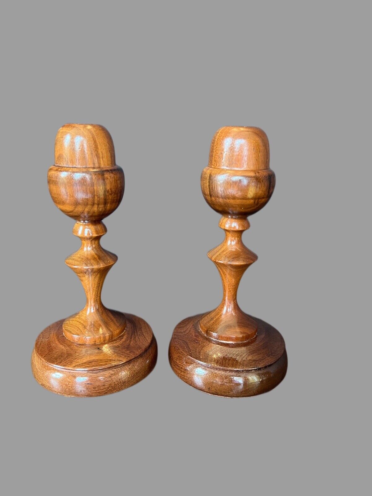 Vintage Pair Of Turned Solid Wood Candle Stick Holders Acorn Tops 6.75” Tall
