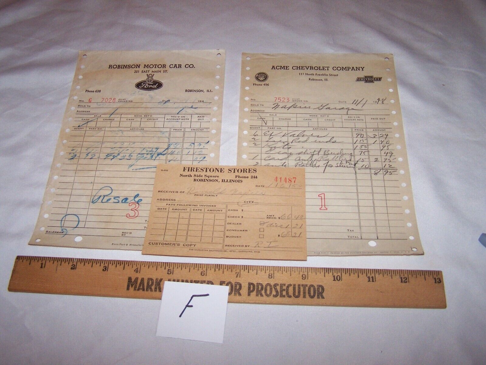 1948-1950 FORD FIRESTONE CHEVROLET OLDSMOBILE Invoices ROBINSON ILLINOIS - Lot F