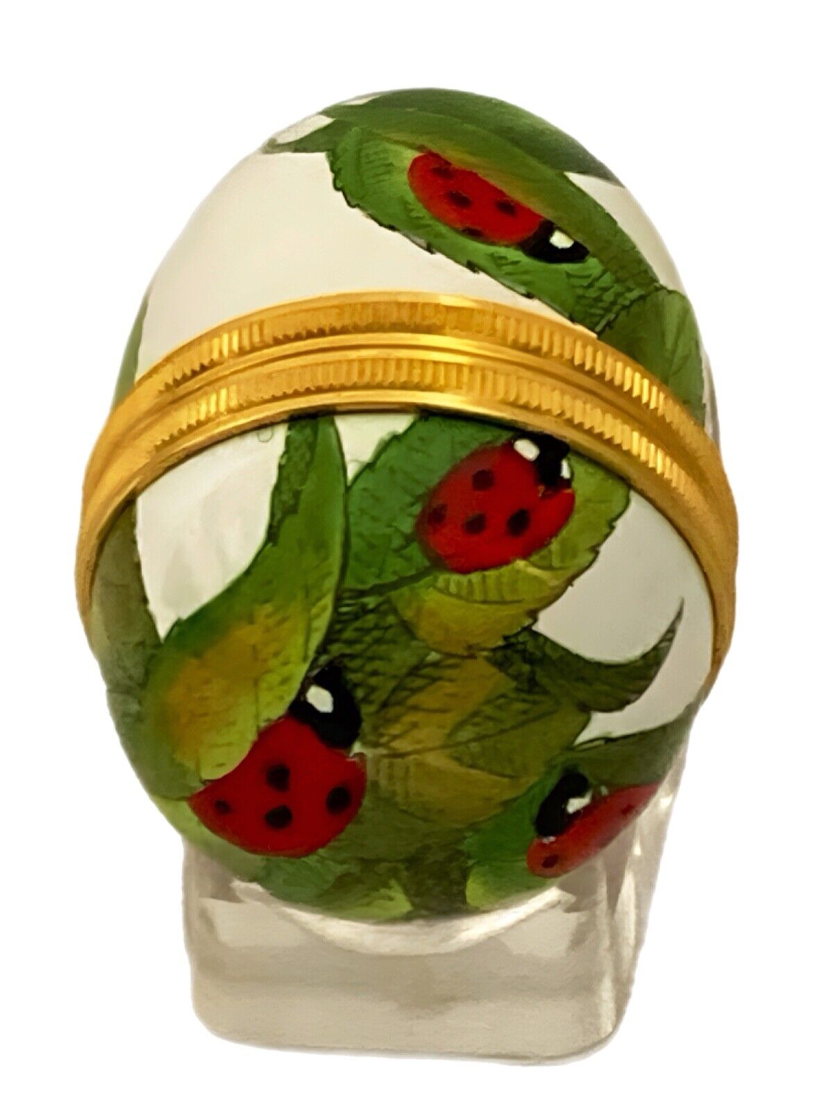 Halcyon Days - Miniature Ladybugs on Leaves Egg Shaped Enamel Trinket Box