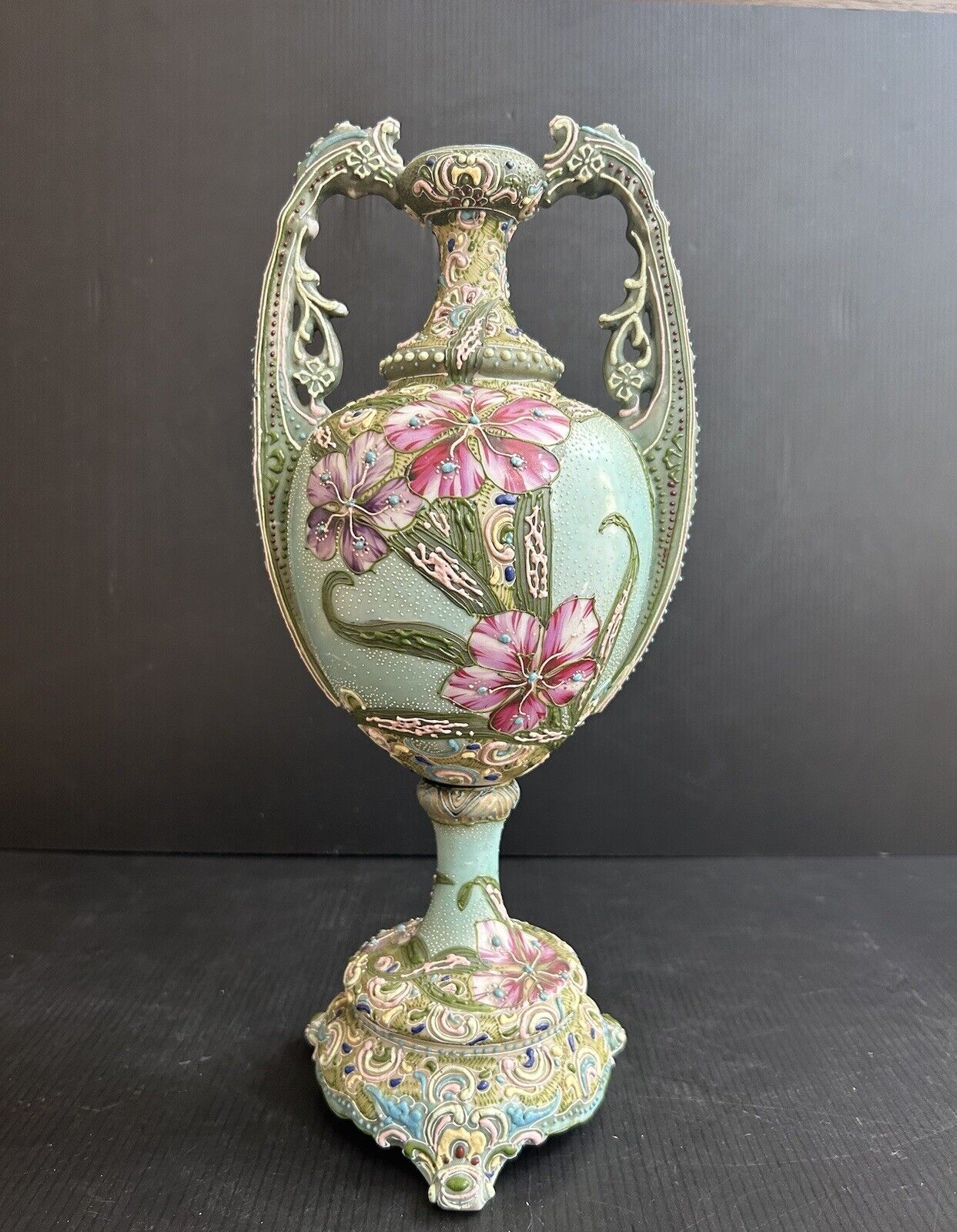 Antique Japanese Moriage 2-Handle Vase with Handpainted Florals