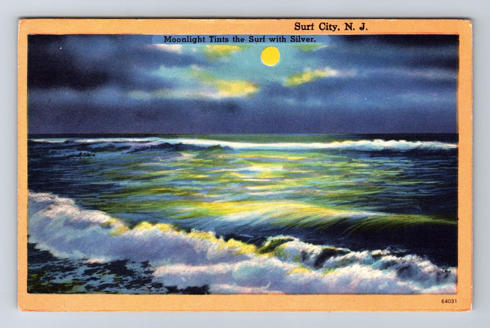 Surf City NJ-New Jersey, Moonlight Tints the Surf with Silver Vintage Postcard