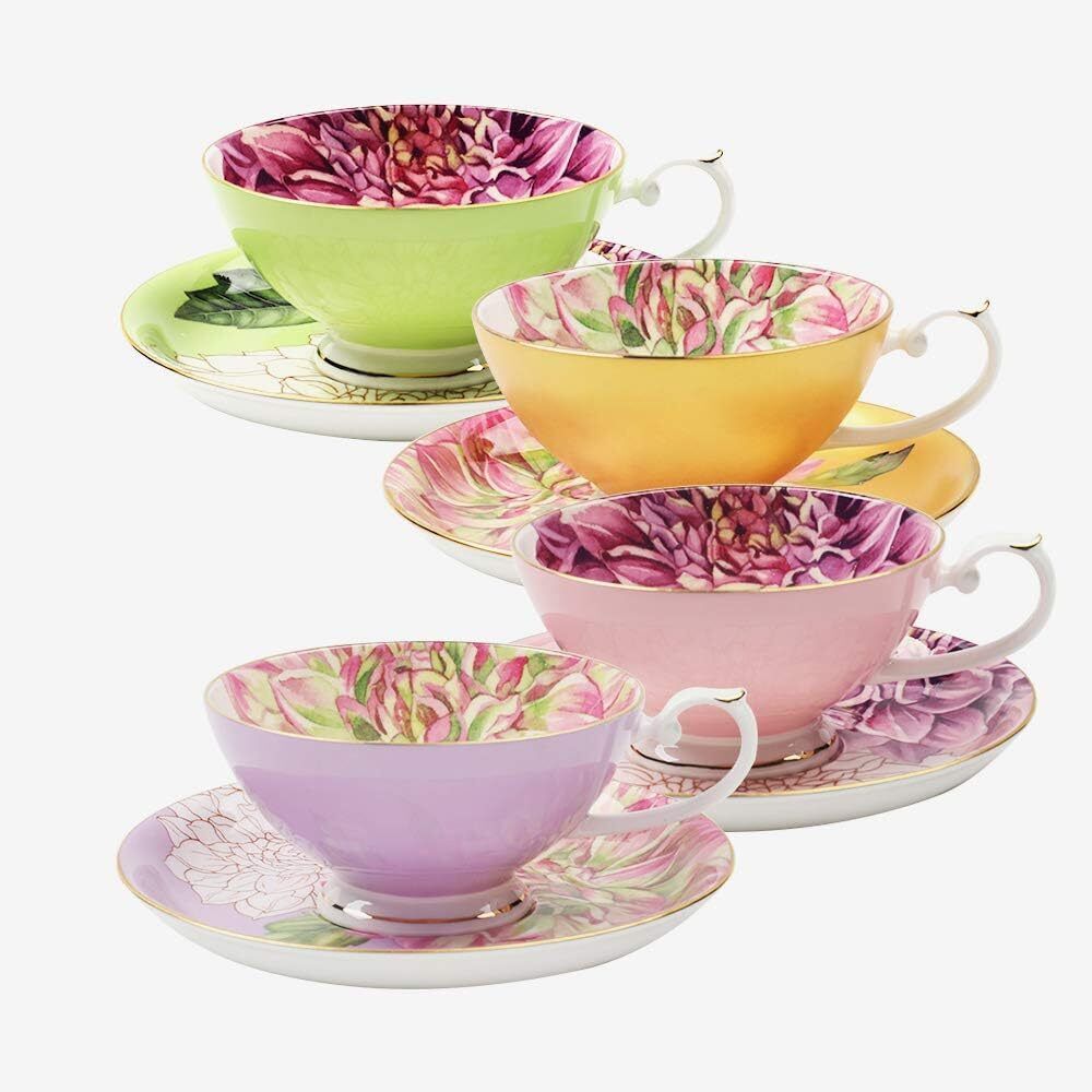 Fine Bone China Teacup and Saucer Set, English Teasets,Floral Design with Golden