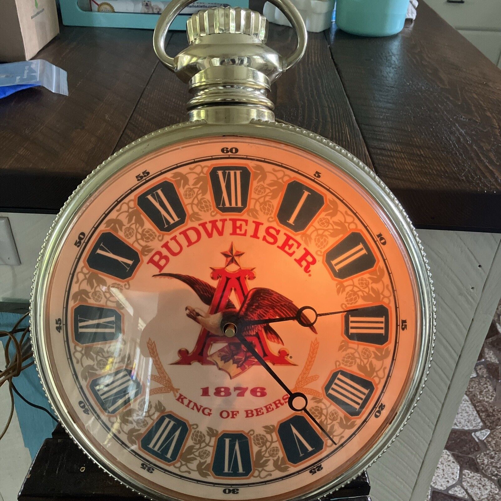 Budweiser 1876 king of beers Pocket watch Clock LIGHTS UP CLOCK WORKS 20” Tall
