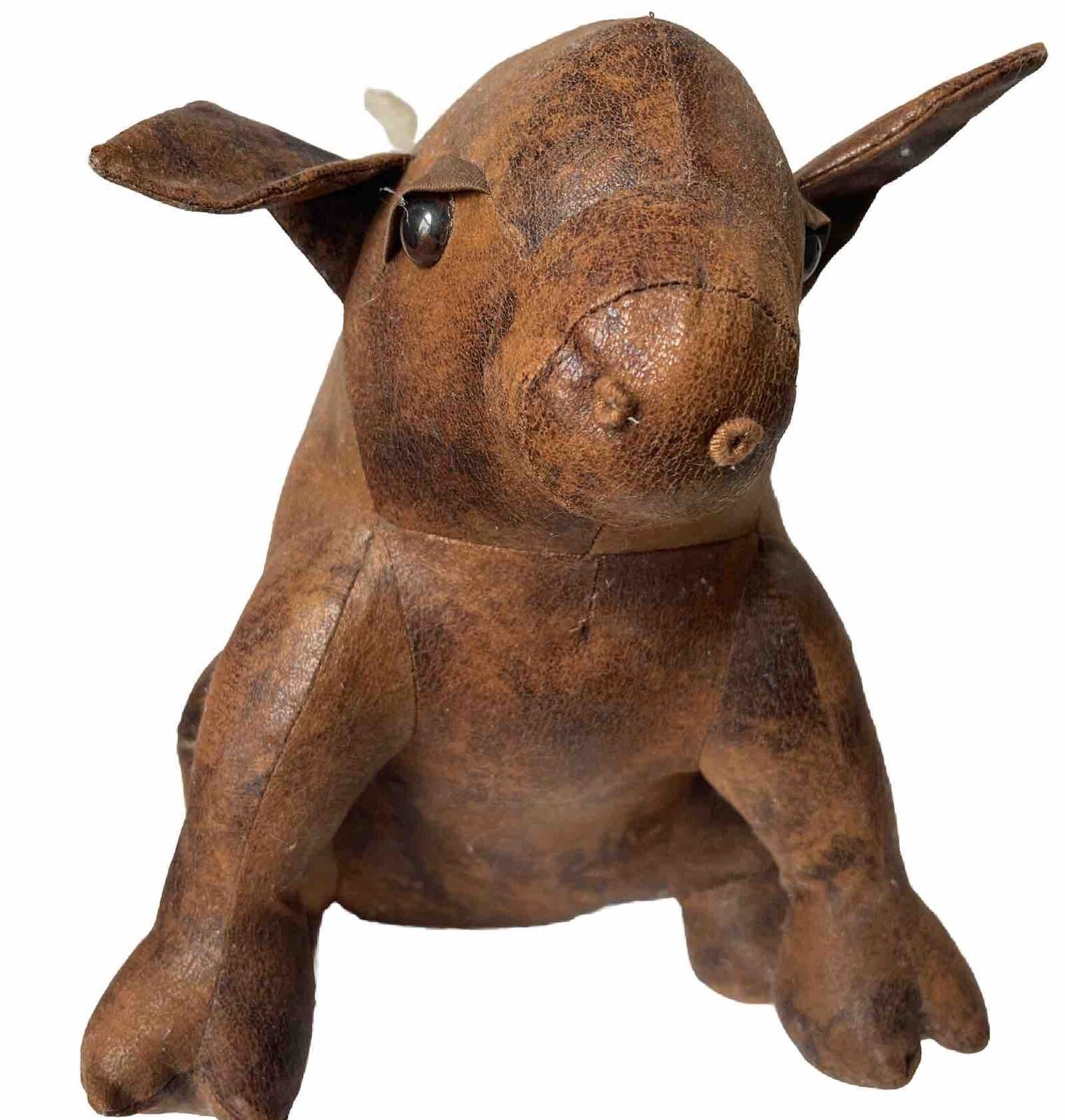 12” Sitting Pig Brown Leather Handmade Figurine Farmhouse Country Decor Folk Art