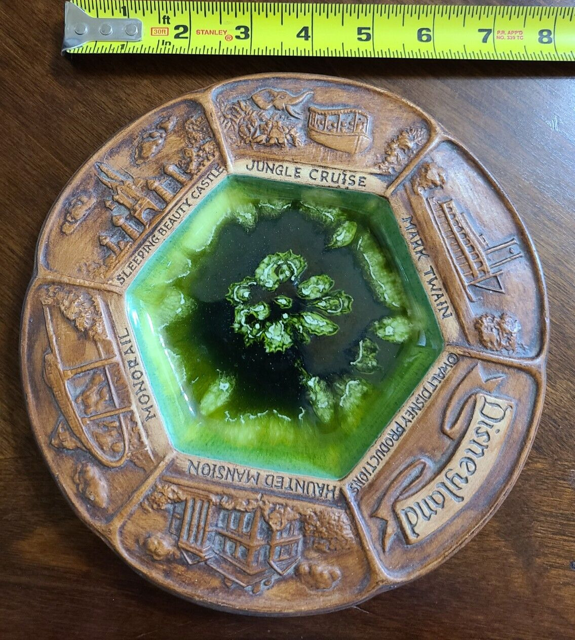 Vintage Disneyland Ashtray Plate Green Glaze With Attractions Listed Mark Twain
