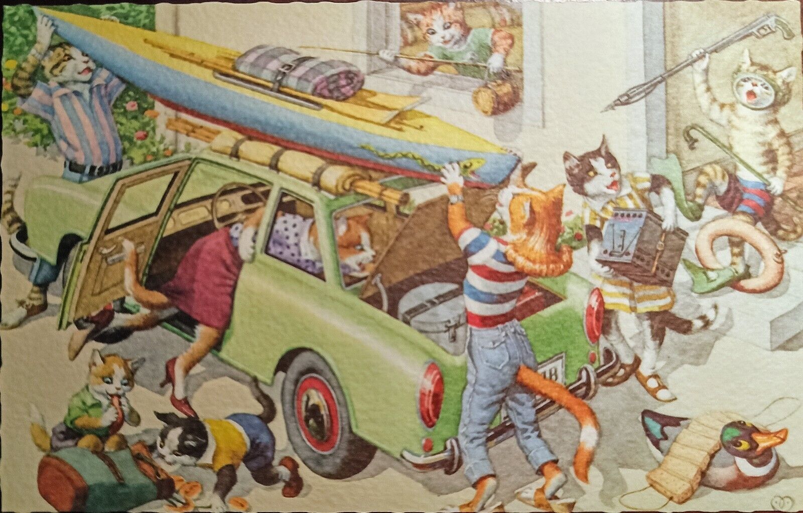 Alfred Mainzer No. 4977 Cat Fantasy Kayak Camping Classic Car Vintage Postcard