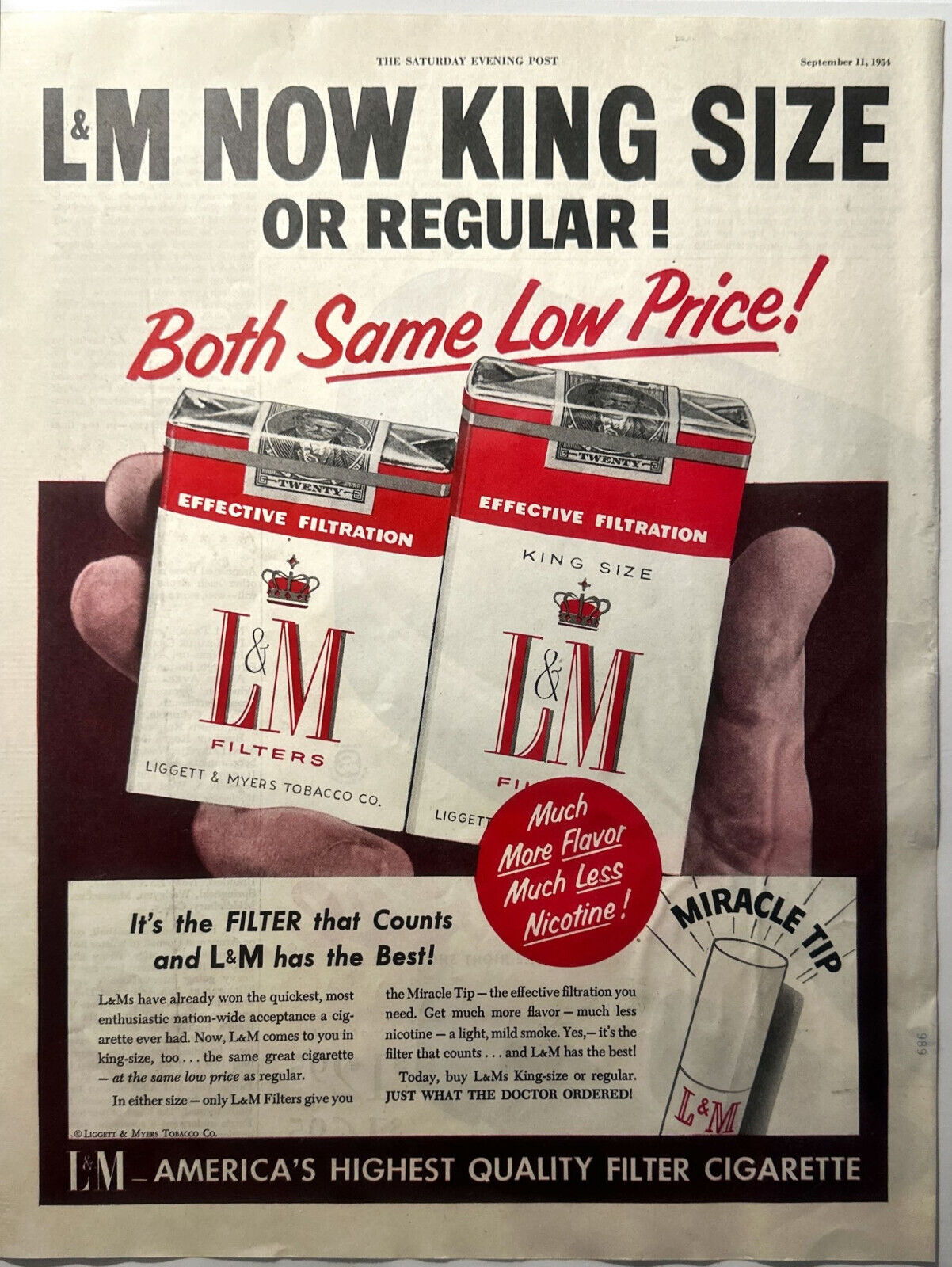 Vintage 1954 L&M Print Ad Regular King Size Highest Quality Filterered Cigarette
