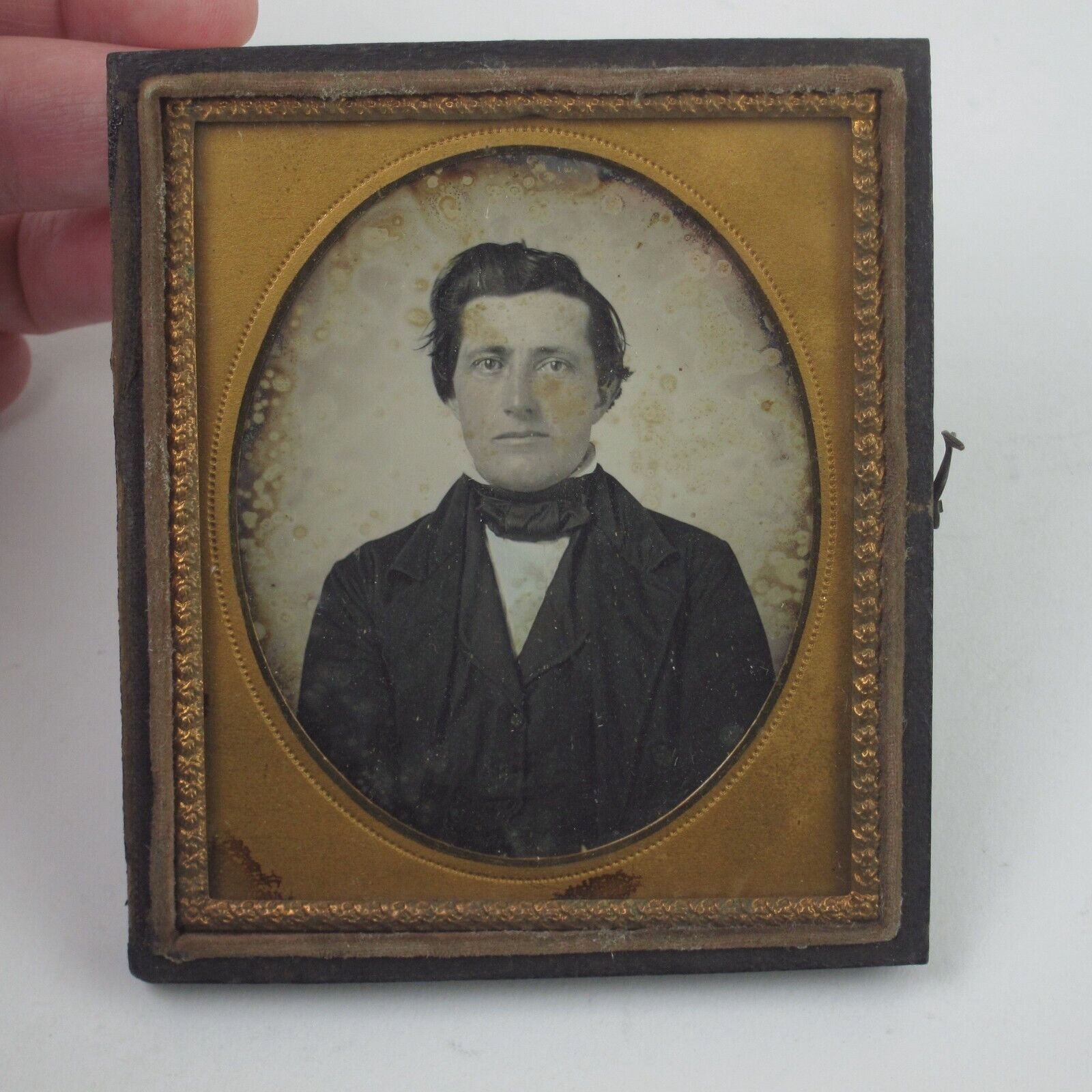 Daguerreotype 1/6 Plate Young Man Tinted Face Black Tie Case Back Antique 1840s