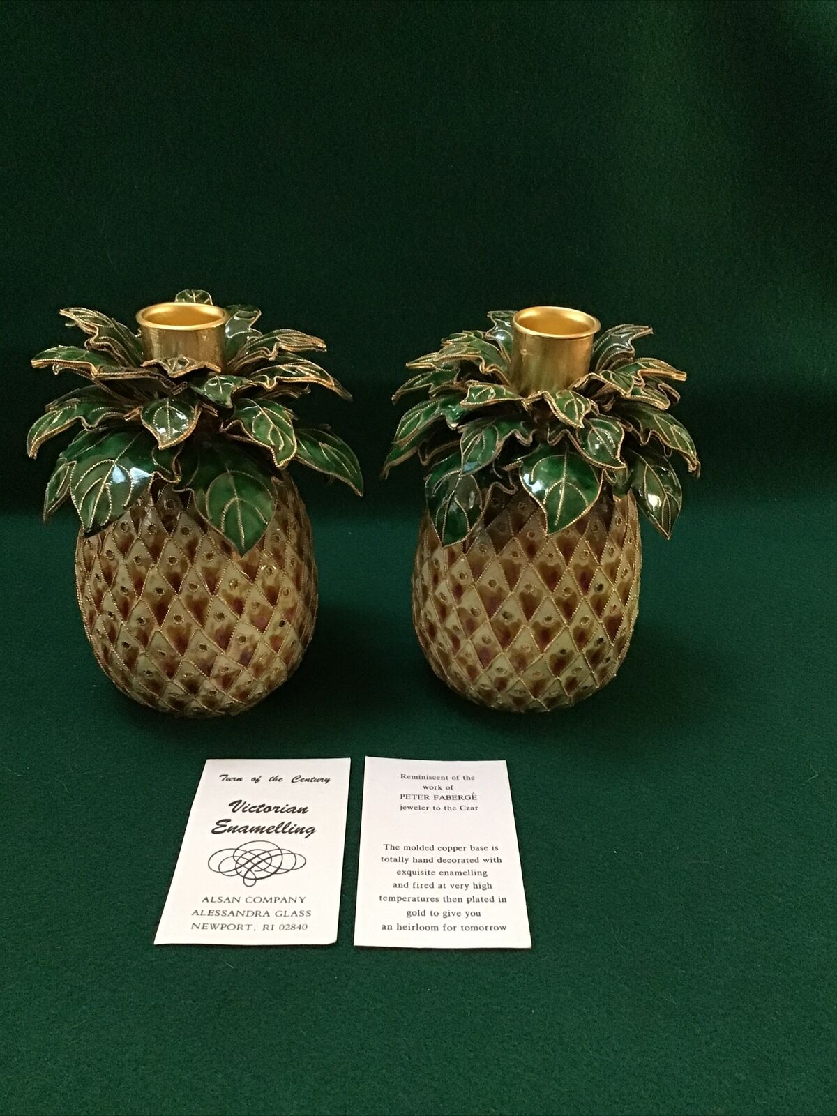 Pineapple Shaped Candlestick Pair, Enameled Copper & Gold Plated Vintage.