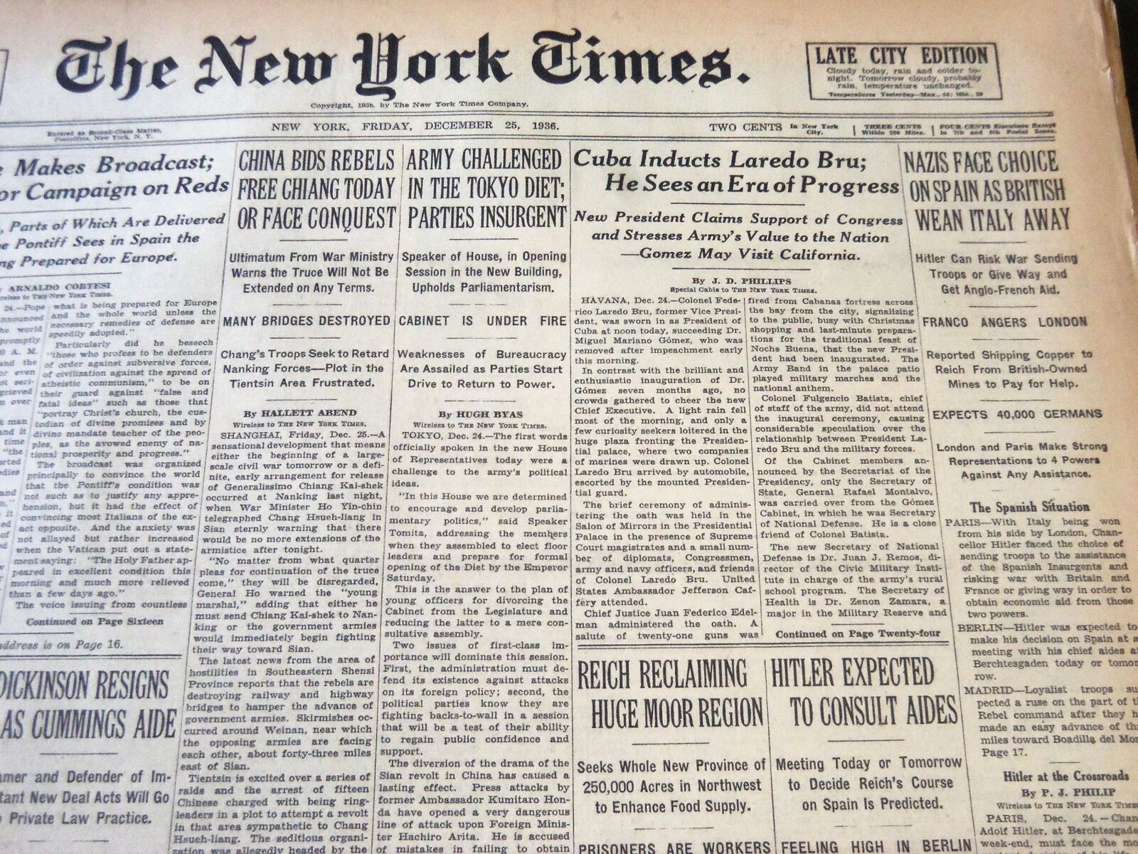 1936 DECEMBER 25 NEW YORK TIMES - CUBE INDUCTS LAREDO BRU - NT 6694