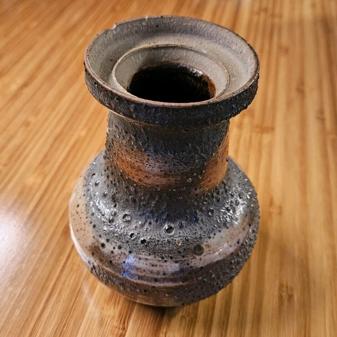 VINTAGE Unmarked Pottery Vase Foam Glaze Clay Handmade Brown Antique