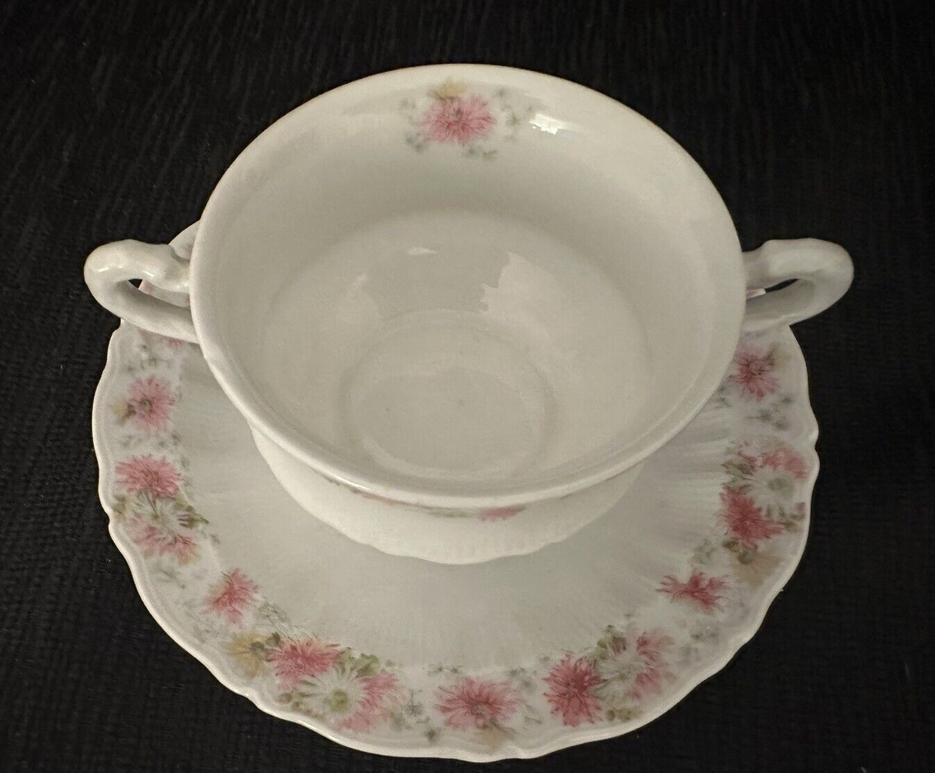 Antique Carl Tielsch CT 2 Handled Tea Cup/Saucer Pink/White Floral Daisy 2 Sets