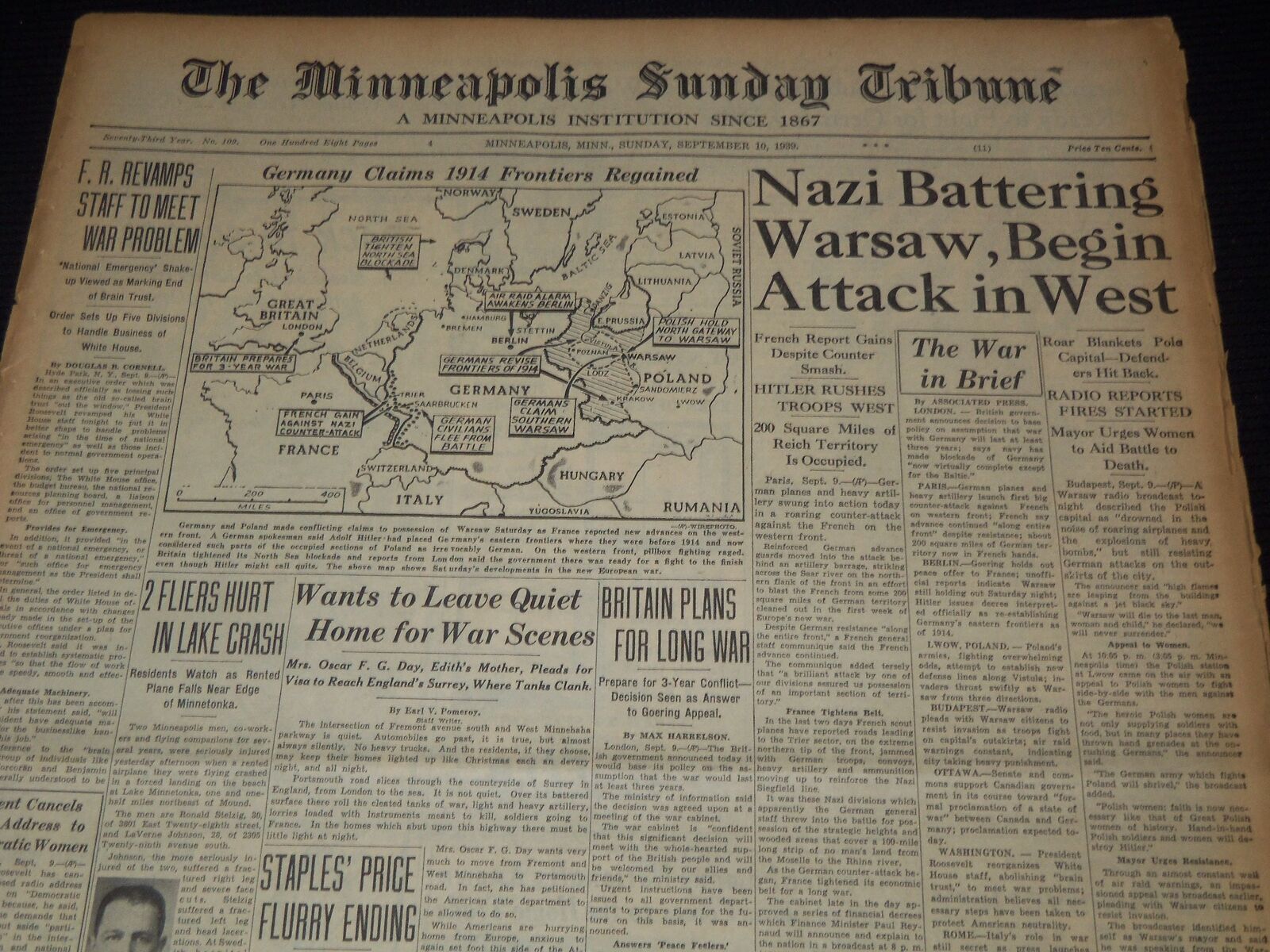 1939 SEPTEMBER 10 MINNEAPOLIS SUNDAY TRIBUNE - NAZI BATTERING WARSAW - NT 9526
