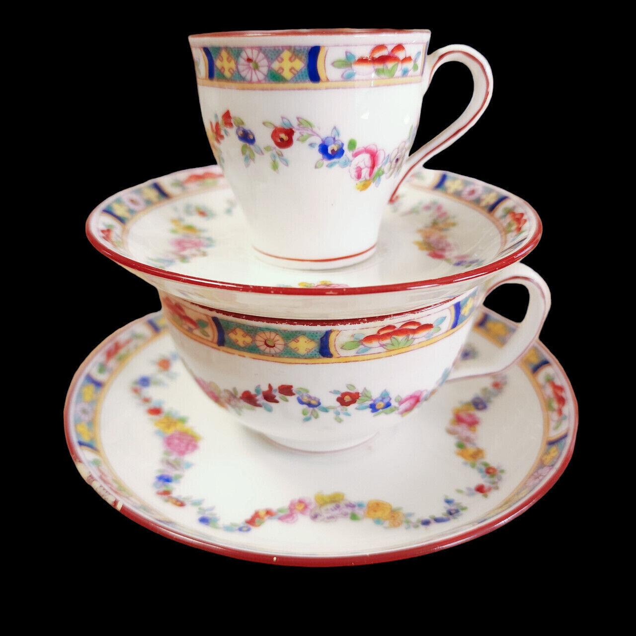 Minton Older Globe Backstamp Floral Swags Teacup & Saucer and Demitasse Cup & Sa