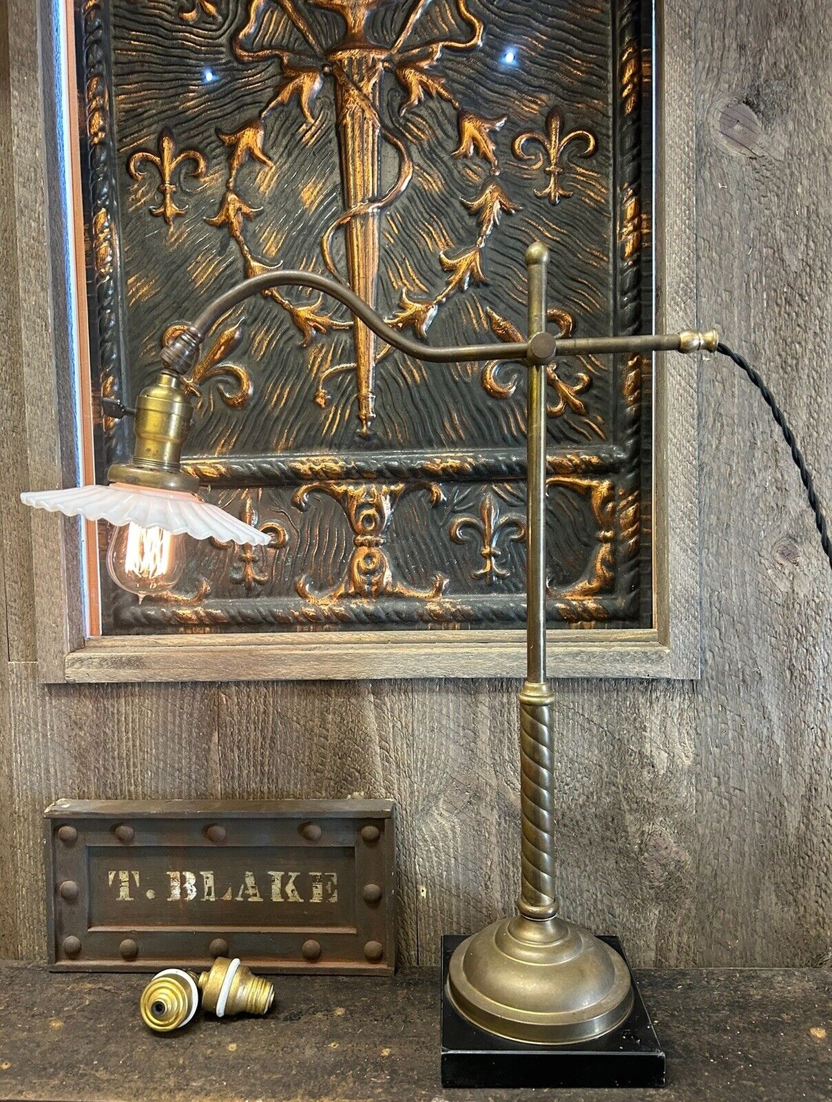 Faries Table Lamp Brass Desk Light Industrial Milk Glass Shade Victorian Antique