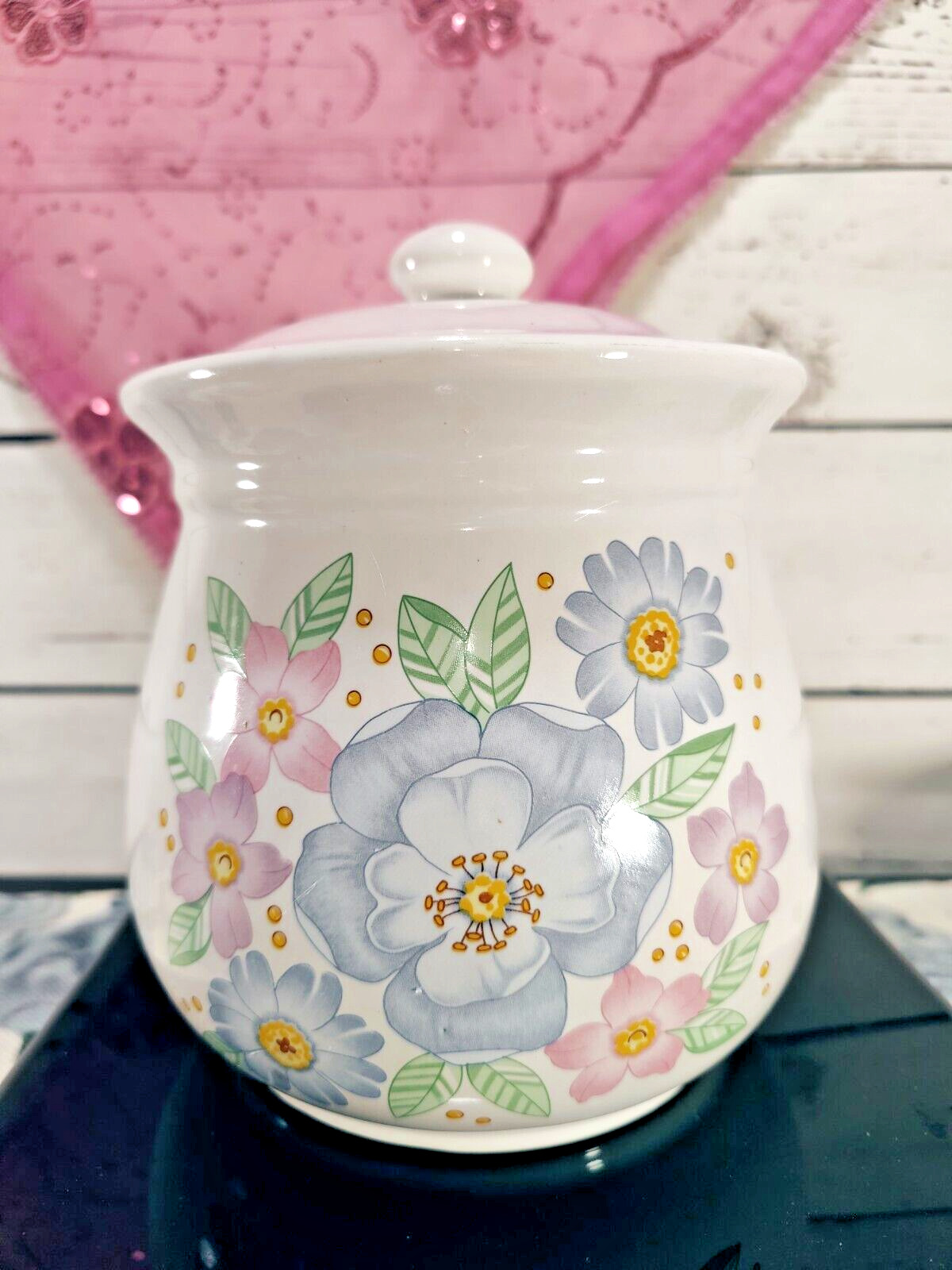 Vintage SJL Blue and Pink Floral Pattern Medium Ceramic Canister with Lid