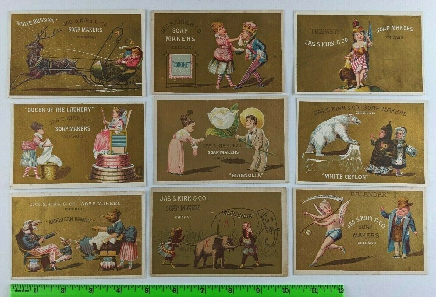 Vintage (Lot of 9) 1880s Jas S Kirk Soap Sleigh Reindeer Bear Cupid Trade Cards 