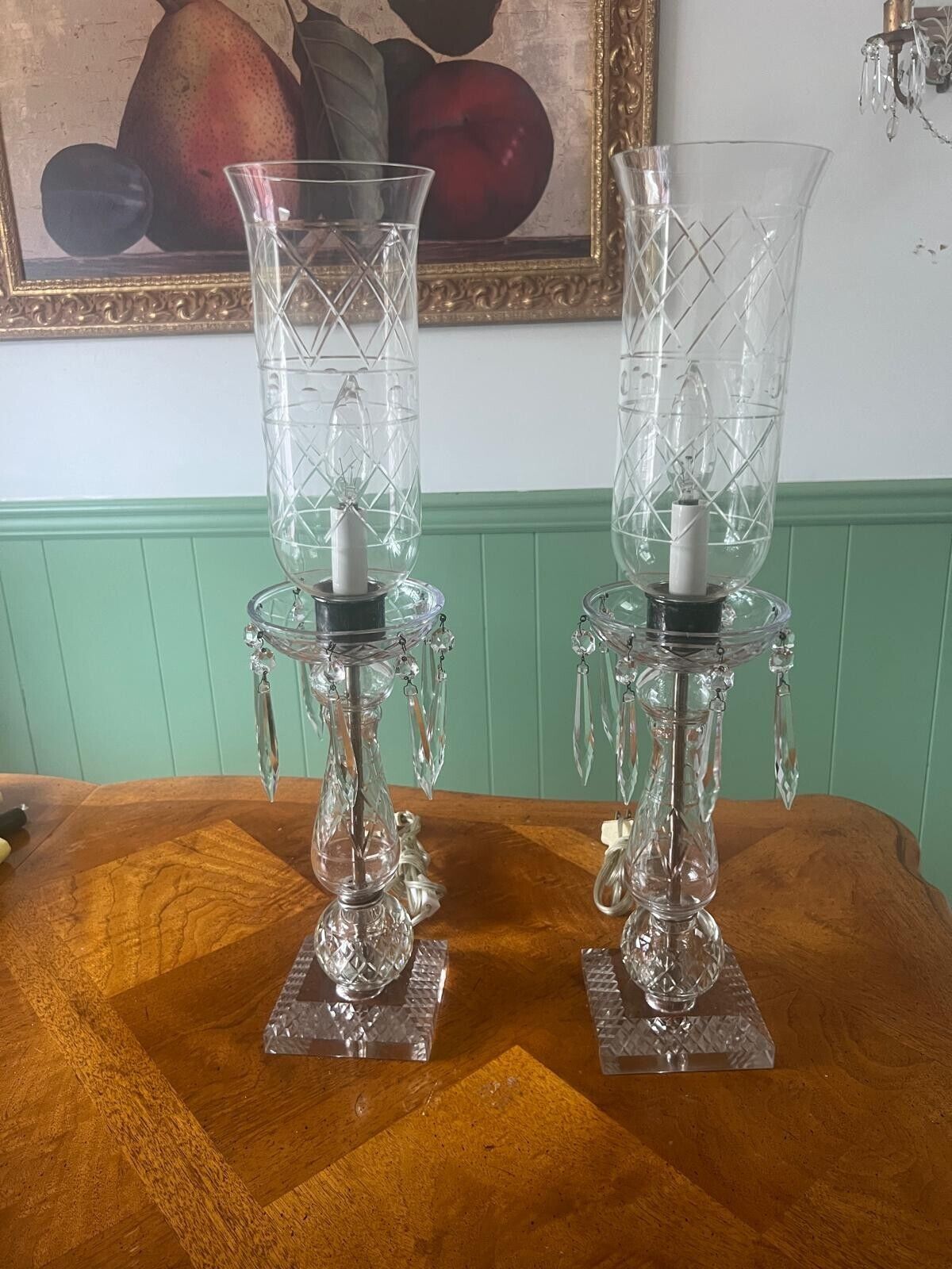 Pair of Large Cut Etched Crystal Hurricane Lustre Mantle Lamps Drop Prisms