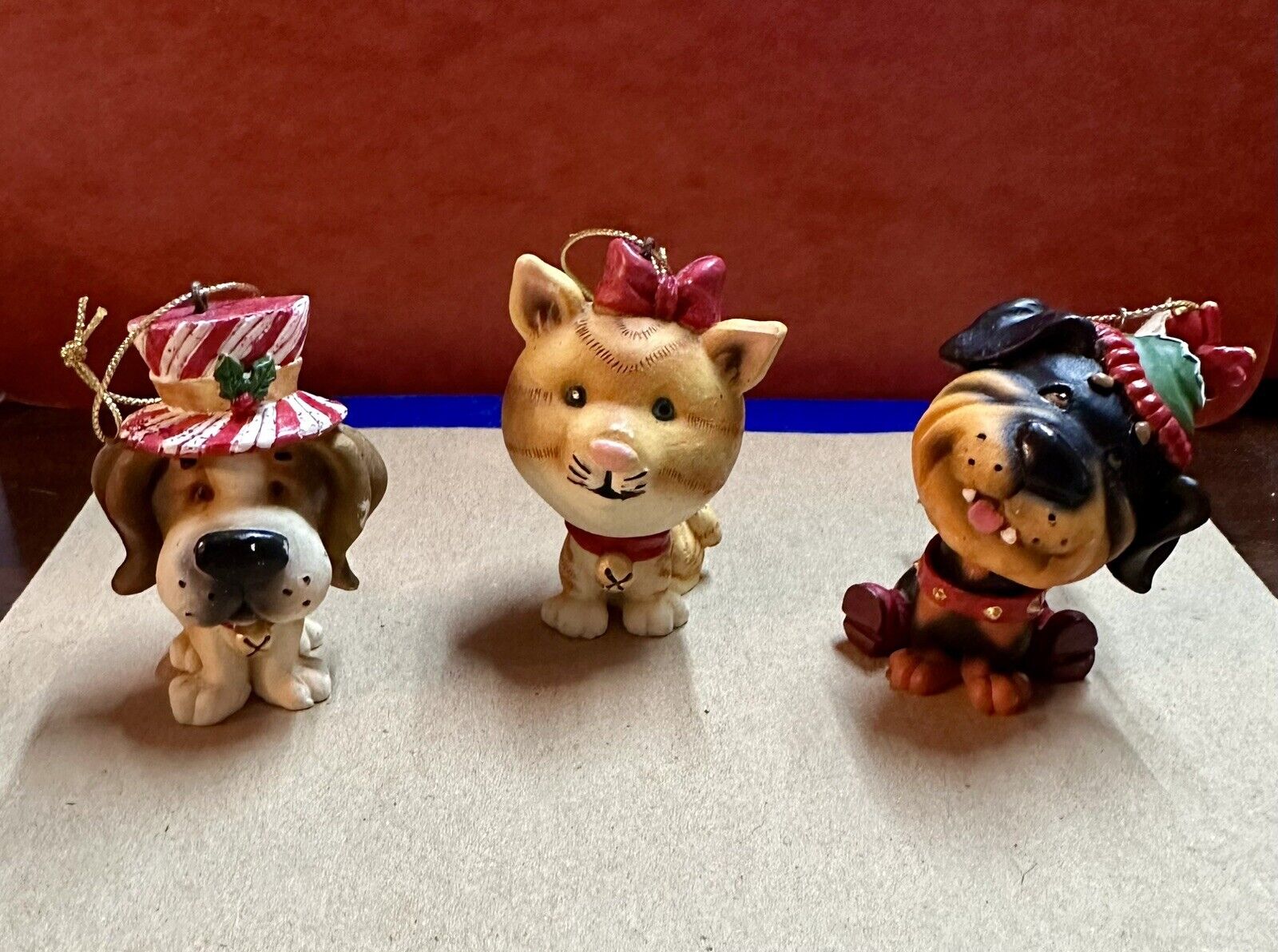 Vintage Russ Berrie Miniature Bobblehead Pet Ornaments (Set of 3) 1 Cat, 2 Dogs