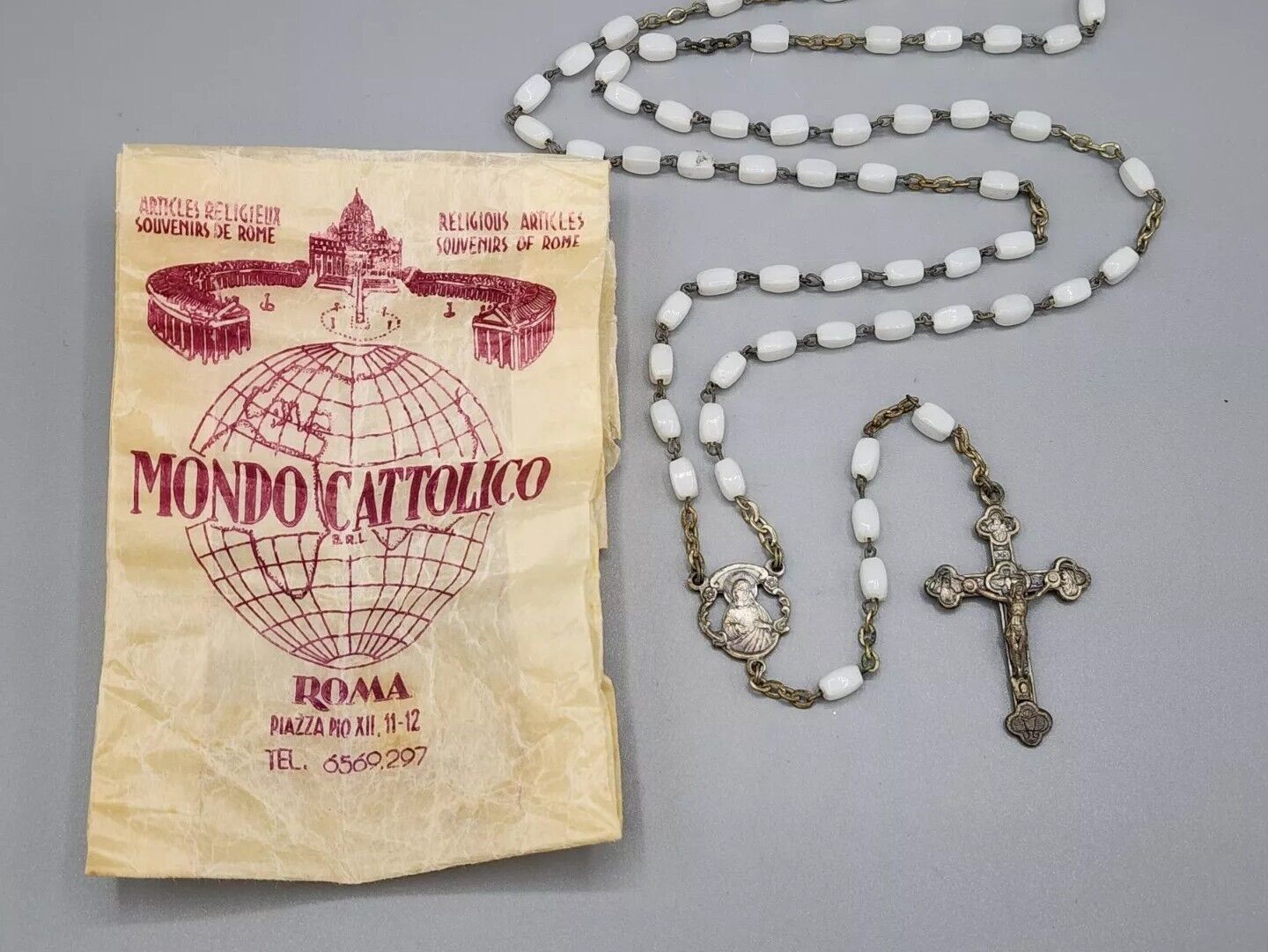 Vintage Vatican Italian White Glass Beaded Childs Rosary Prayer Beads Rome Italy