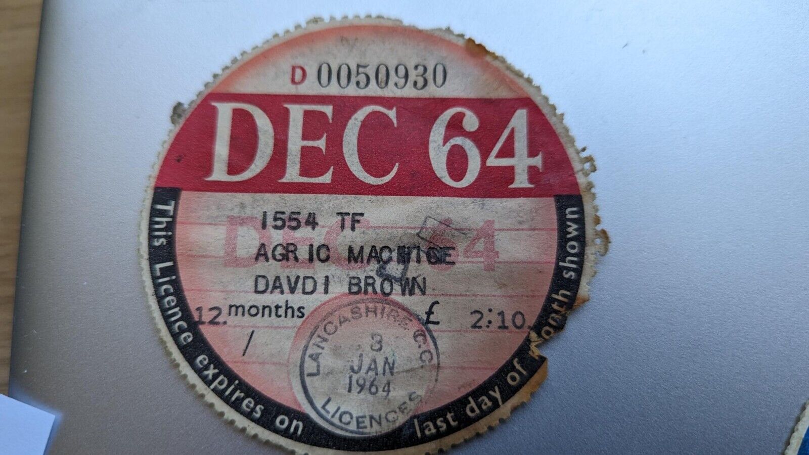 Rare Collectable old tax disc from DEC 64.......................................