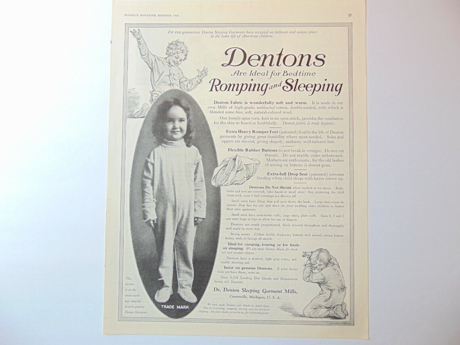 1926 DENTONS ROMPING and SLEEPING GARMENTS Cute Girl vintage art print ad