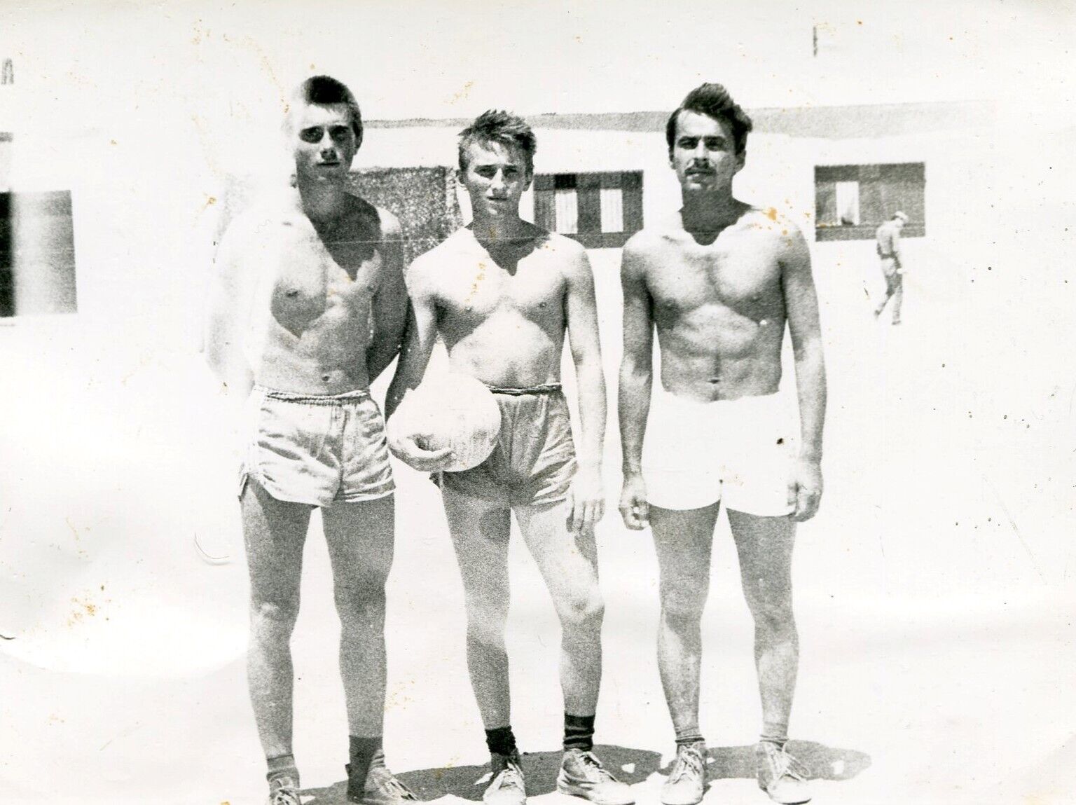 Shirtless Handsome young men bulge beach trunks gay vtg photo