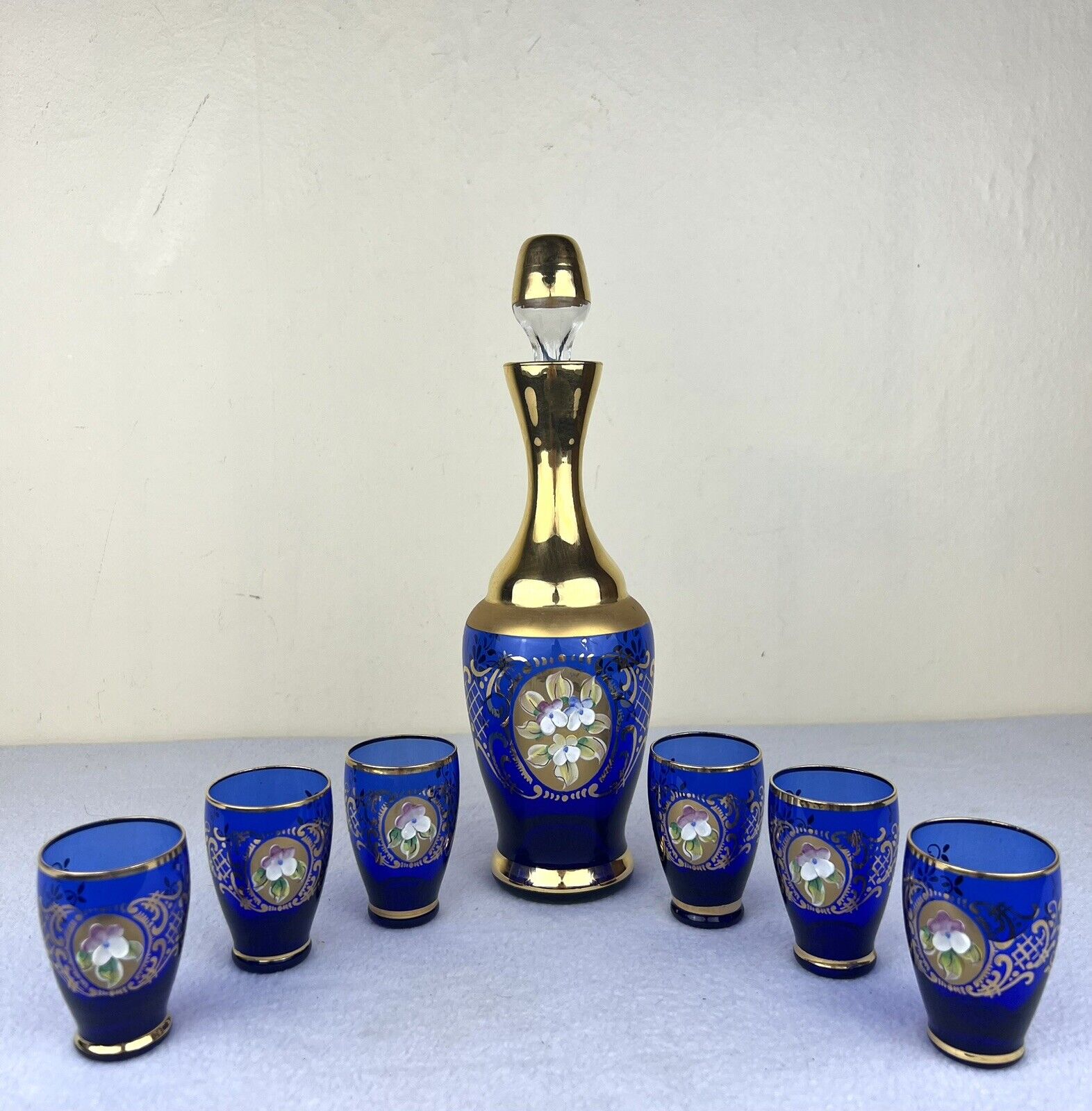 Vintage Bohemian Blue Glass Decanter With Cordial Glasses Applied Flowers 10.5”