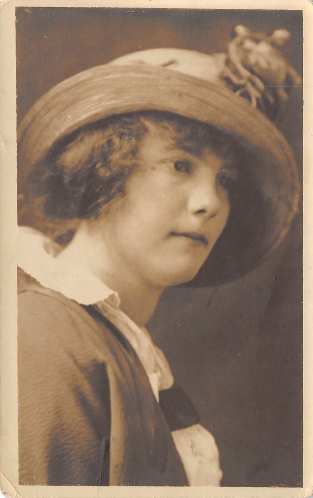 Contemplative Young Latha w/Short Hair & Straw Hat w/Rose~RPPC 1920s
