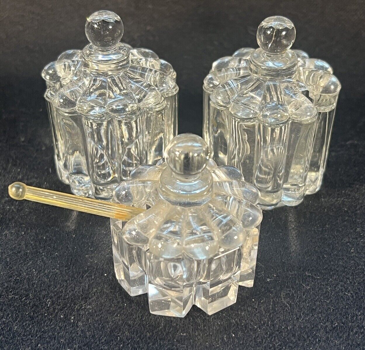 3 Heisey Glass Crystolite Condiment Jar Cover Ribbed Edges Salt Cellar, Mustard