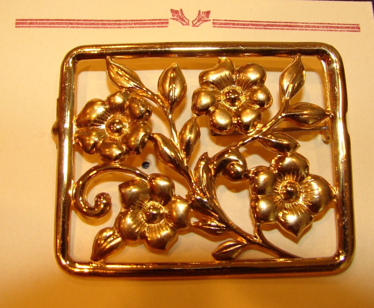 Vintage Brooch - Rectangular Gold Color Flower Metal Brooch