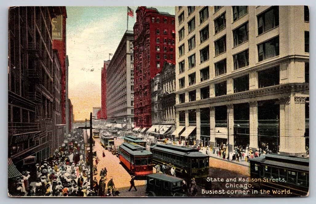 eStampsNet - Street Scene Trolley Cars Chicago State and Madison Postcard