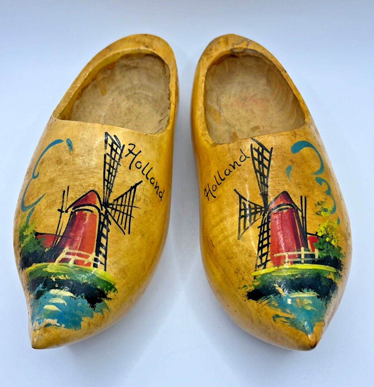 Vintage Handcrafted 7inch Wooden Shoes From Holland Windmill Scene