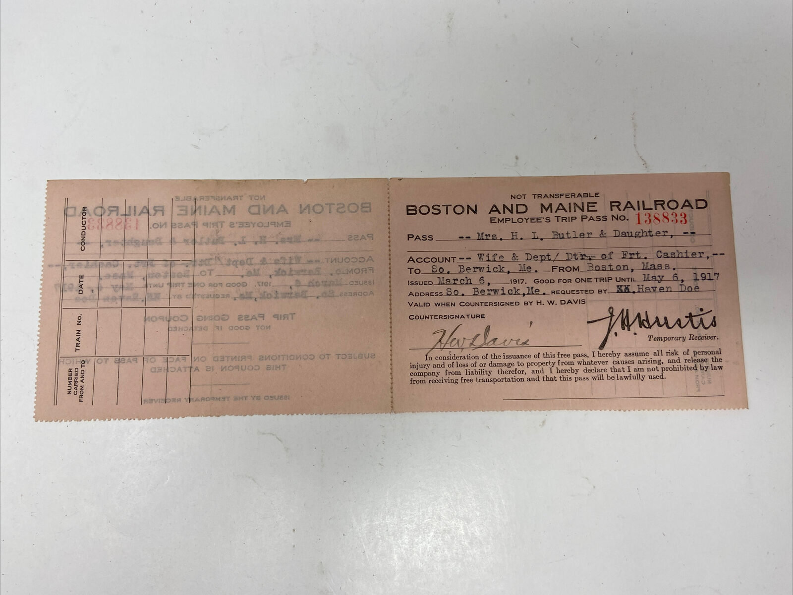 1917 Boston & Maine Railroad Pass Ticket Employee Family 2 Attached Pieces