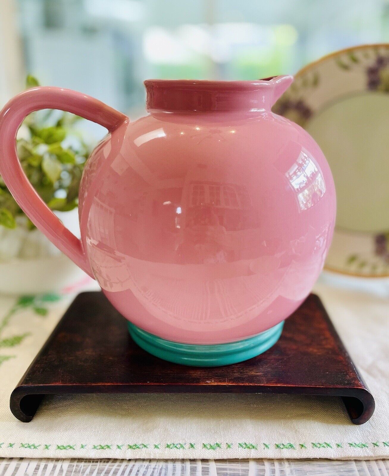 Pitcher 2.5 Quart Lindt-Stymeist COLORWAYS pattern Pink Turquoise Trim~ Fatbelly