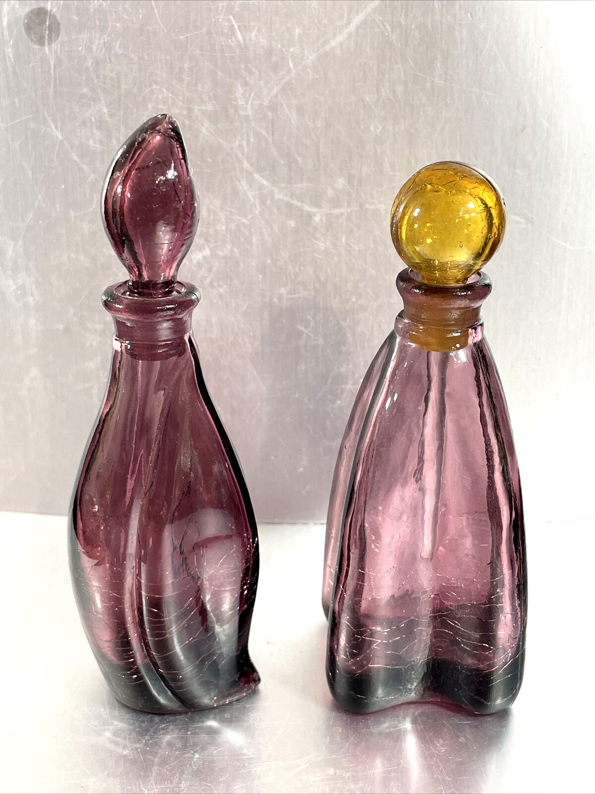 2 Vintage Amethyst Crackle Glass Perfume Bottles With Stoppers