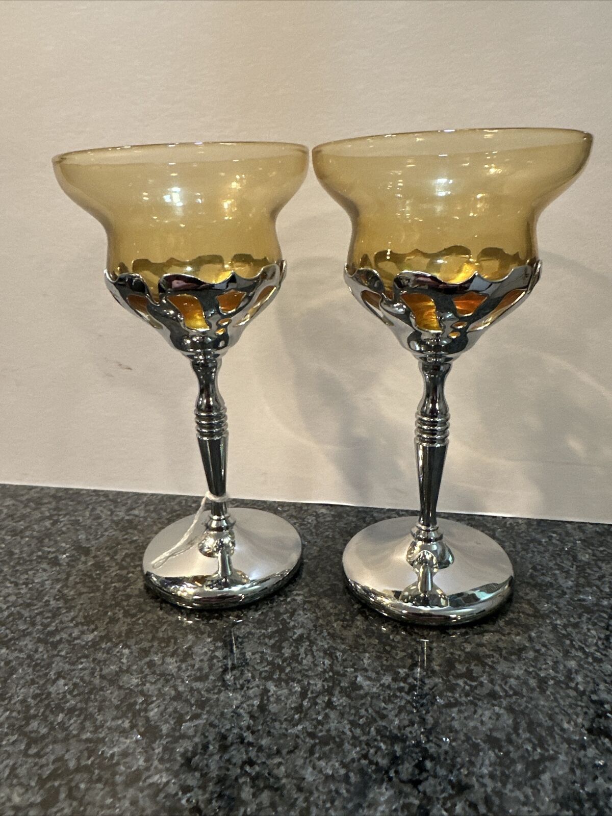 Vintage 1940s Art Deco Farberware Chrome Wine Cordial Cocktail Glass Amber MINT