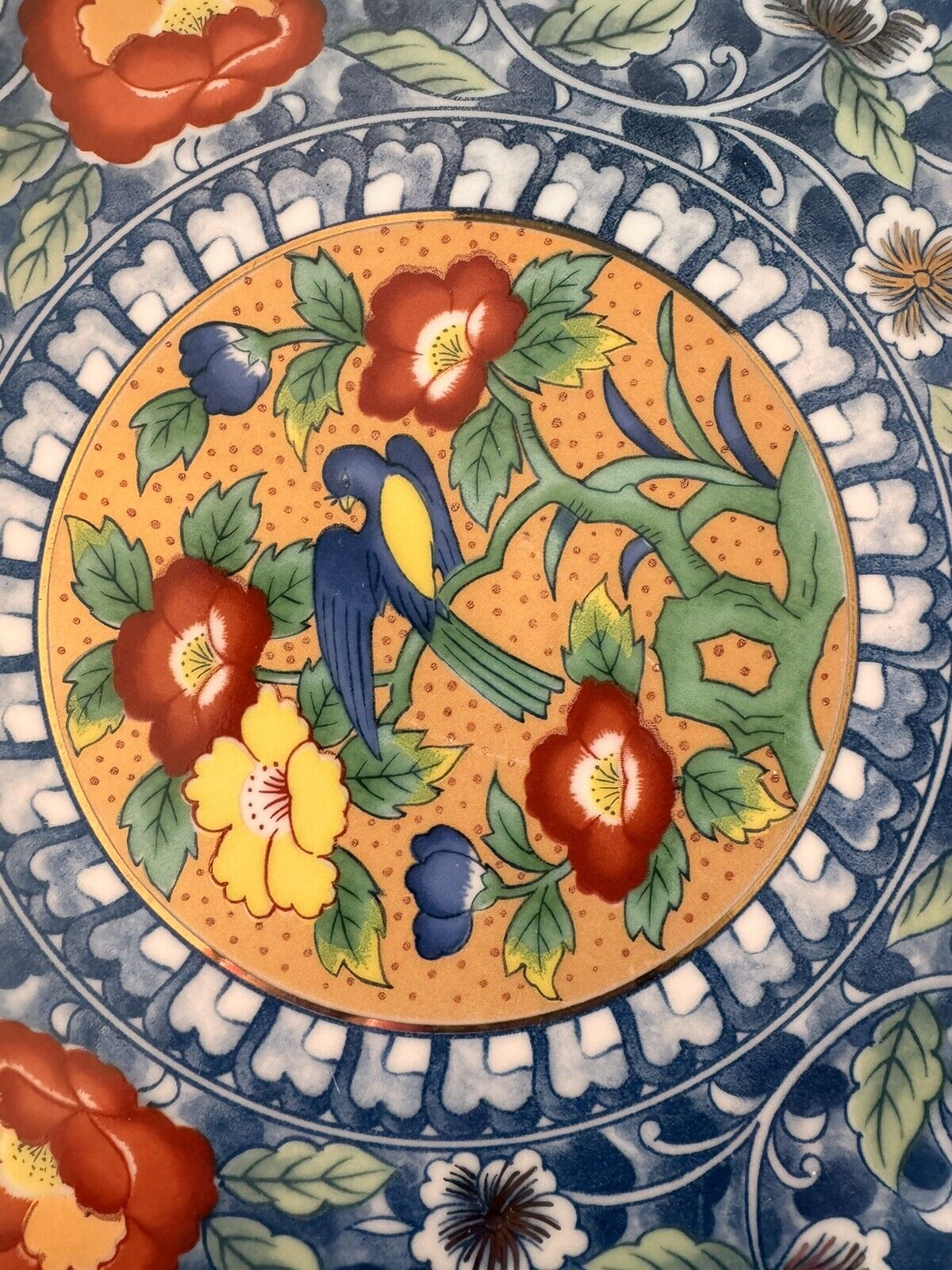 Vintage  Kutani Porcelain Plate Blue Bird Red Yellow Orange Flowers 10.25”