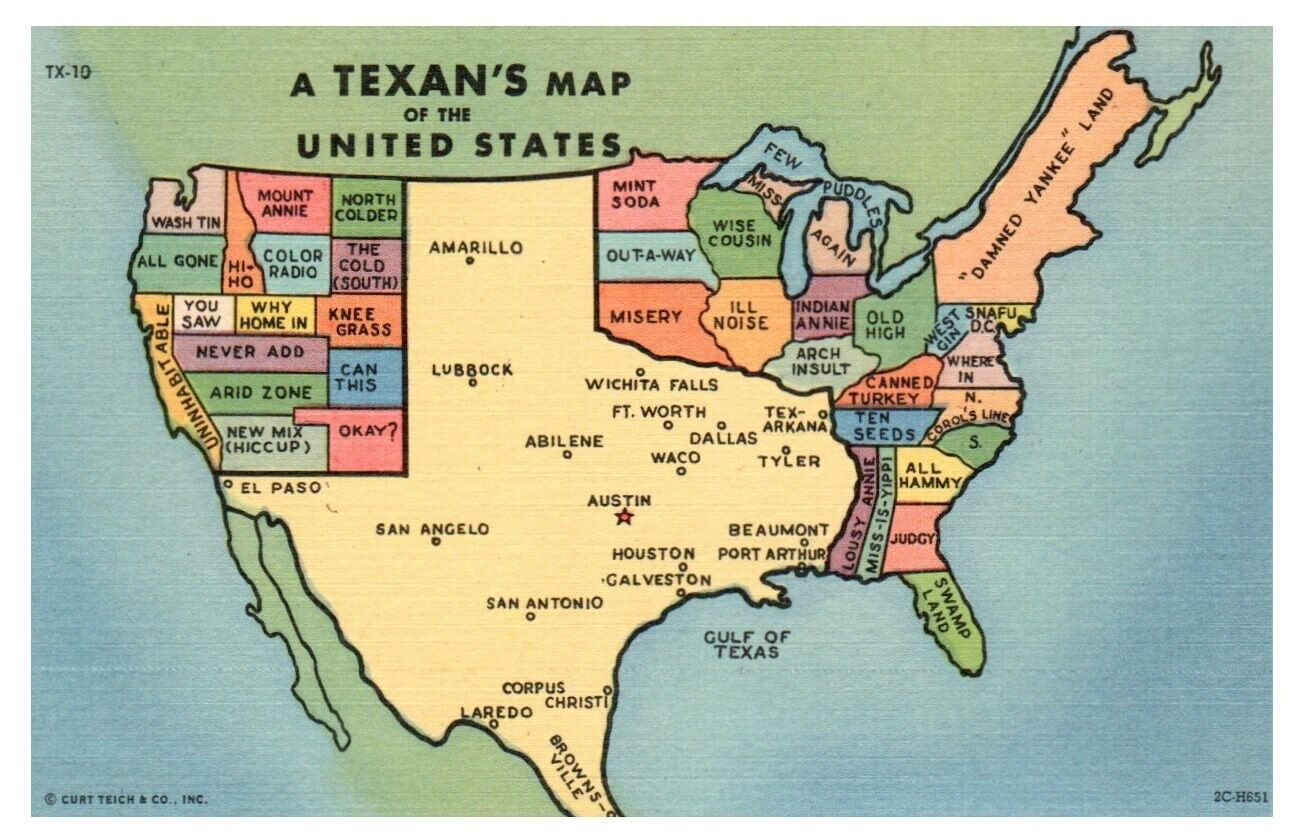 Vintage Humor Postcard A Texan\'s Map Of The US Comic Texas