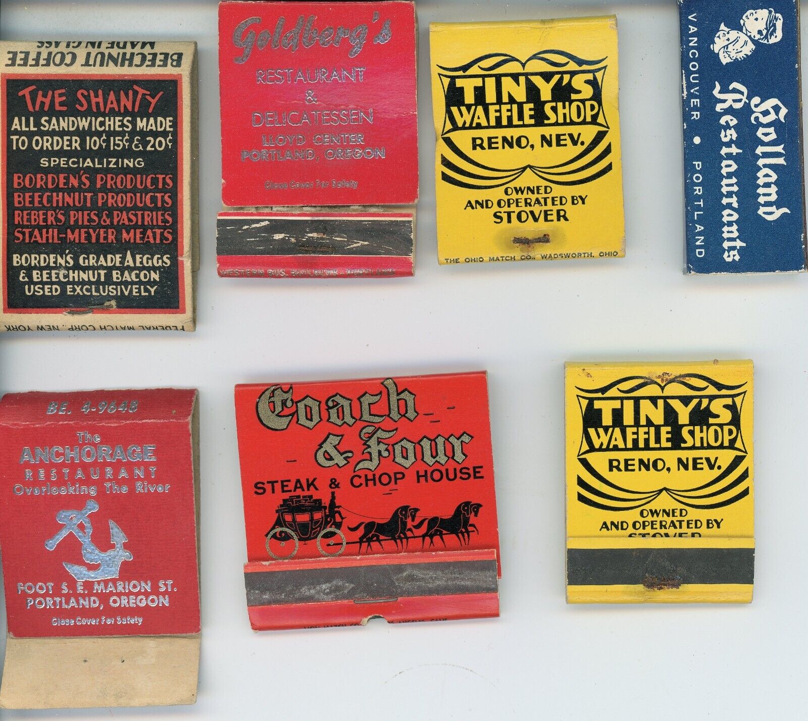 Lot of 5 Antique Matchbooks Tiny\'s Waffle Coach & 4 Shanty Anchorage HoillandD-6
