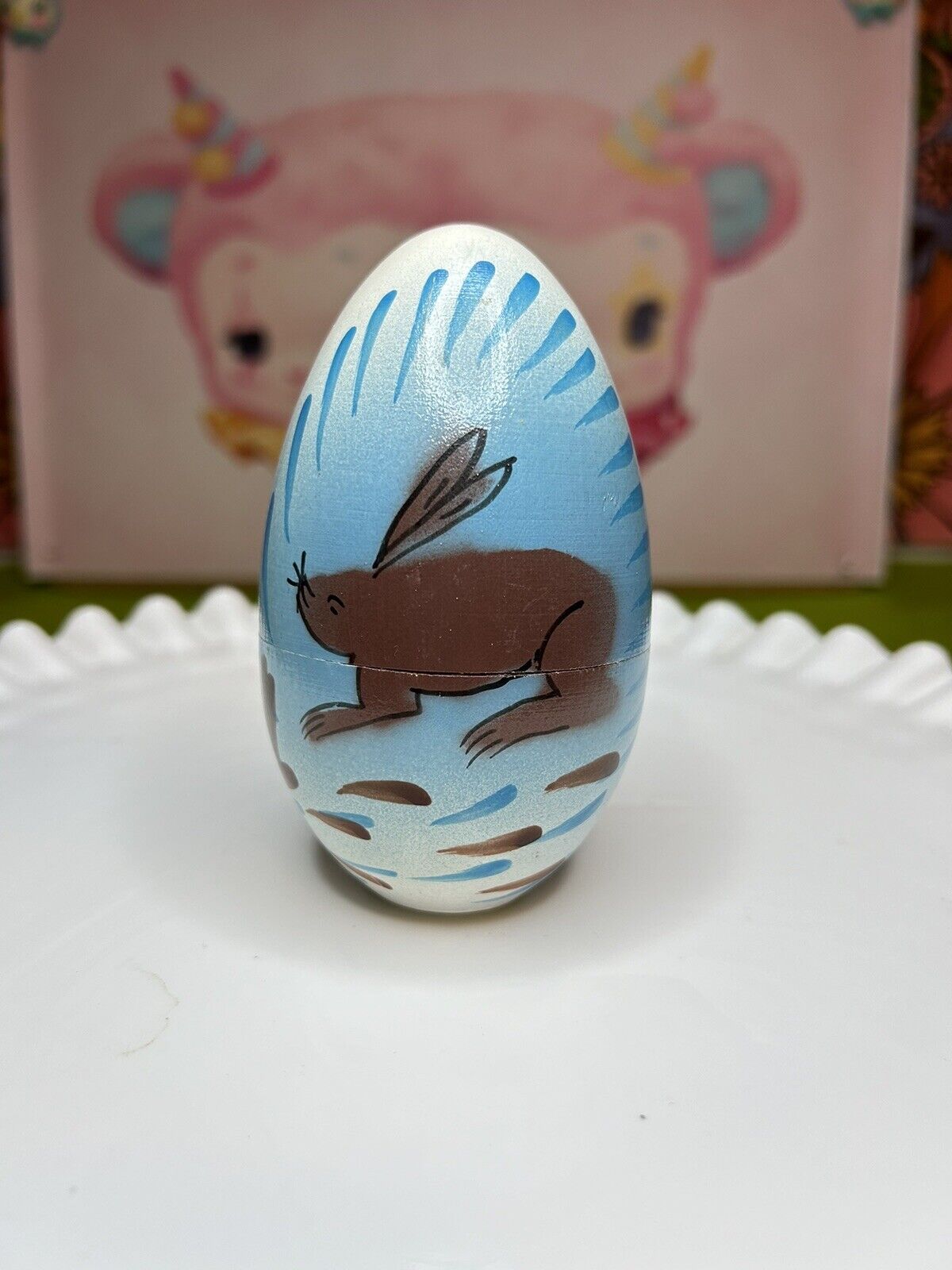 Vintage Hand Painted Egg Shaped Wooden Trinket Box - Made In Poland