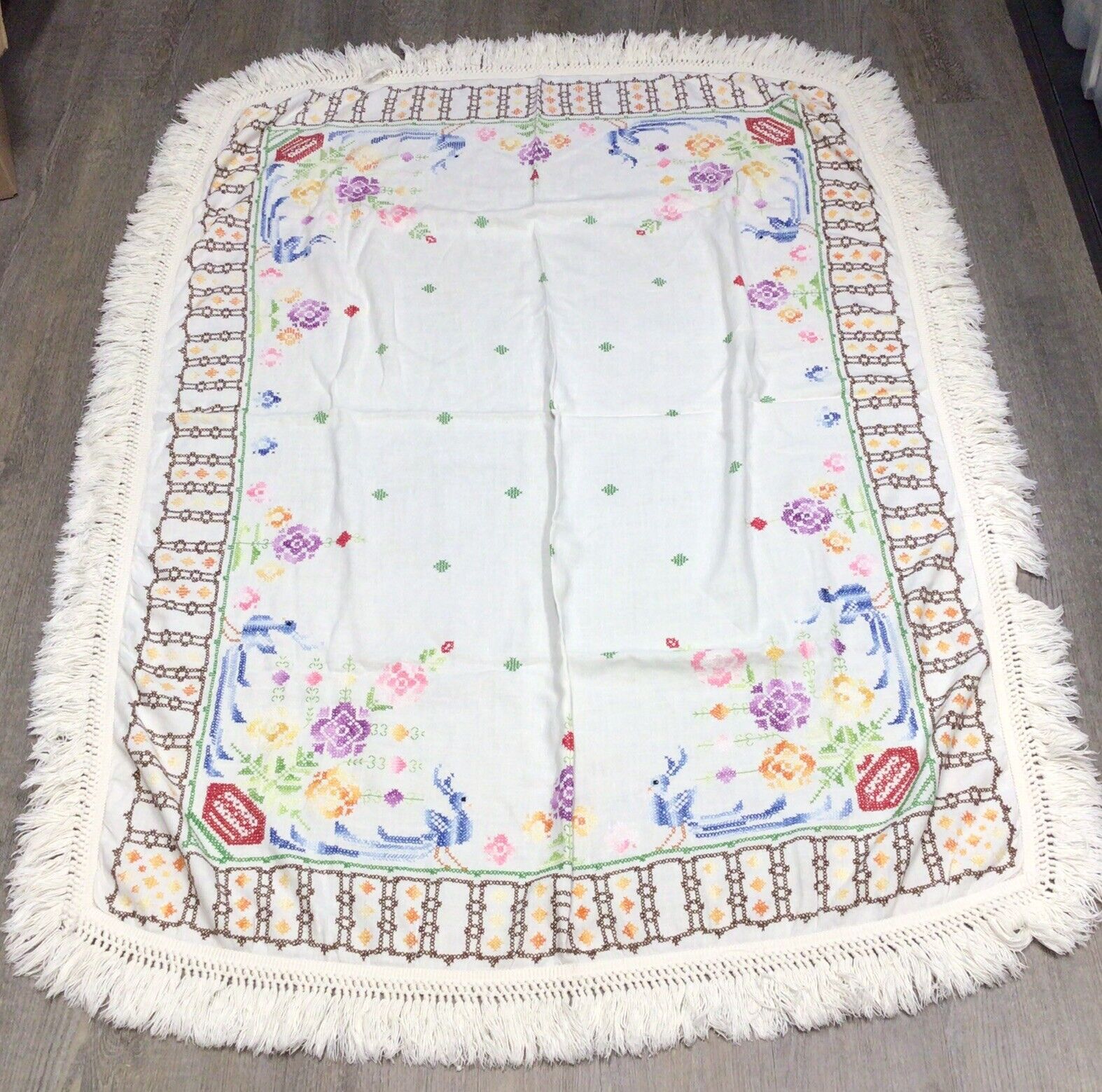 Vintage Embroidered Tablecloth Fringe 68” X 48” Peacock Flowers