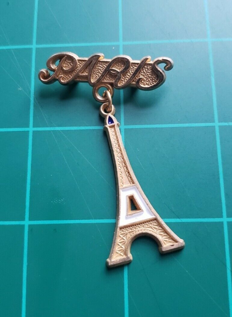 Vintage Paris France Eiffel Tower Dangle Charm Pin Travel Souvenir Brooch Lapel
