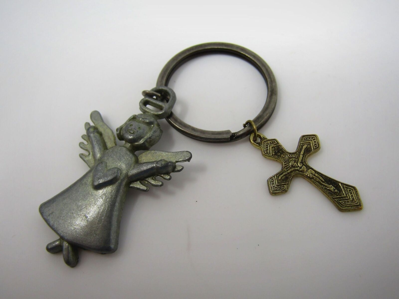 Vintage Christian Keychain: Angel Heart Crucifix